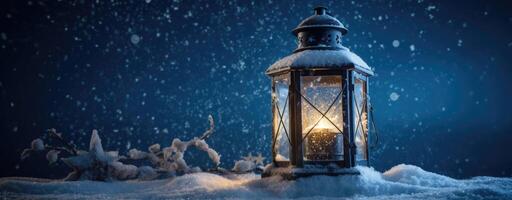 grande Vintage ▾ bianca strada lampada in piedi su il neve. festivo Natale inverno decorazione. copia spazio. generativo ai. foto