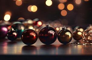 vicino su Visualizza di bellissimo con brillante oro fronzolo o sfera, natale ornamenti e luci, Natale vacanze sfondo. generativo ai. foto