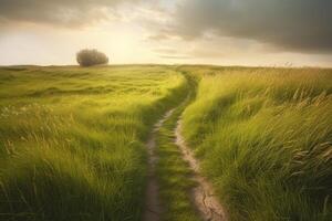 il paesaggio di erba i campi e blu cielo strada principale via in il distanza. generativo ai. foto