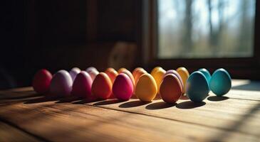 riga di colorato Pasqua uova su di legno tavolo e bokeh sfondo, posto per tipografia e logo. rustico di legno tavolo. Pasqua tema. generativo ai. foto