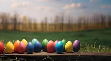 riga di colorato Pasqua uova su di legno tavolo e bokeh sfondo, posto per tipografia e logo. rustico di legno tavolo. Pasqua tema. generativo ai. foto