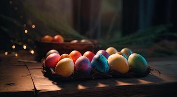 riga di colorato Pasqua uova su di legno tavolo e bokeh sfondo, posto per tipografia e logo. rustico di legno tavolo. Pasqua tema. generativo ai. foto