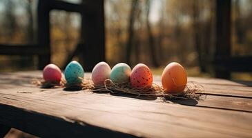 riga di colorato Pasqua uova su di legno tavolo e bokeh sfondo, posto per tipografia e logo. rustico di legno tavolo. Pasqua tema. generativo ai. foto