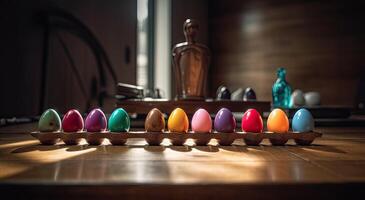 riga di colorato Pasqua uova su di legno tavolo e bokeh sfondo, posto per tipografia e logo. rustico di legno tavolo. Pasqua tema. generativo ai. foto