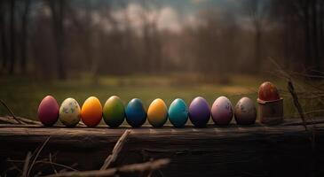 riga di colorato Pasqua uova su di legno tavolo e bokeh sfondo, posto per tipografia e logo. rustico di legno tavolo. Pasqua tema. generativo ai. foto