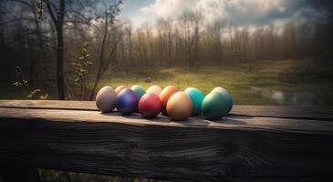 riga di colorato Pasqua uova su di legno tavolo e bokeh sfondo, posto per tipografia e logo. rustico di legno tavolo. Pasqua tema. generativo ai. foto