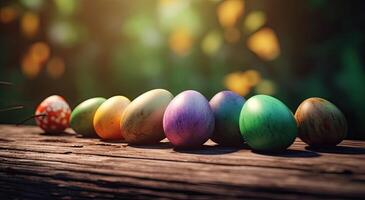 riga di colorato Pasqua uova su di legno tavolo e bokeh sfondo, posto per tipografia e logo. rustico di legno tavolo. Pasqua tema. generativo ai. foto