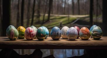 riga di colorato Pasqua uova su di legno tavolo e bokeh sfondo, posto per tipografia e logo. rustico di legno tavolo. Pasqua tema. generativo ai. foto