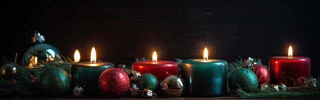 ardente candela e Natale decorazione al di sopra di neve e di legno sfondo. generativo ai. foto