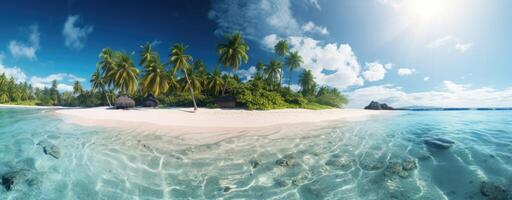 tropicale Paradiso spiaggia con bianca sabbia e cocco palme viaggio turismo largo panorama sfondo concetto. generativo ai. foto