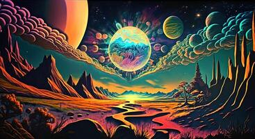 generativo ai, alieno pianeta paesaggio. psichedelico spazio bandiera modello, sfondo. orizzontale illustrazione di il futuro con montagne, pianeti, alberi, Luna. surrealista evasione. foto