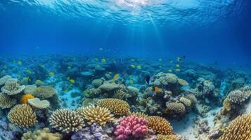 subacqueo corallo scogliera paesaggio super largo bandiera sfondo nel in profondità blu oceano. illustrazione ai generativo foto