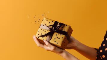 giallo sfondo con regalo scatola. illustrazione ai generativo foto