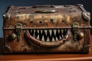 un' il male vecchio Aperto valigia con occhi e acuto denti creato con generativo ai tecnologia. foto
