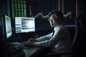 un' attività commerciale uomo ng nel davanti di computer mentre controllo azione mercato tendenza. il Immagine creato con ai utensili foto