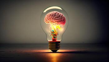 creativo idea con cervello e leggero lampadina generativo ai foto