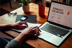 distanza lavoro, Lavorando a casa concetto. uomo mano Lavorando su il computer portatile computer con mobile Telefono e carta documento su tavolo a casa ufficio generativo ai foto