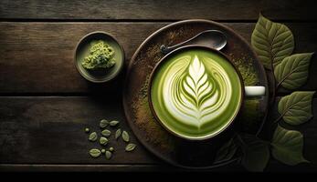 matcha verde tè con latte macchiato arte schiuma nel tazza con polvere su buio di legno tavolo, latte macchiato arte, caldo verde Tè, latte, soia latte, mattina tradizionale bevanda con generativo ai. foto