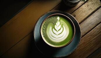 matcha verde tè con latte macchiato arte schiuma nel tazza con polvere su buio di legno tavolo, latte macchiato arte, caldo verde Tè, latte, soia latte, mattina tradizionale bevanda con generativo ai. foto