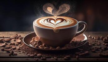 caffè latte macchiato con cremoso e schiuma nel tazza e latte macchiato arte forma su buio di legno tavolo, con caffè fagioli decorazione, calma e rilassare caffè, rilassamento volta, caldo bevanda, con generativo ai. foto