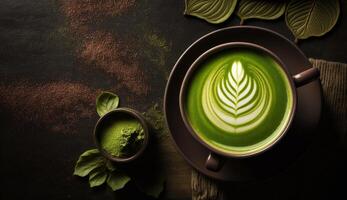 matcha verde tè con latte macchiato arte schiuma nel tazza con polvere su buio di legno tavolo, latte macchiato arte, caldo verde Tè, latte, soia latte, mattina tradizionale bevanda con generativo ai. foto