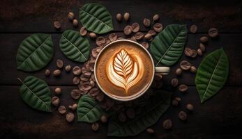 caffè latte macchiato con cremoso e schiuma nel tazza e latte macchiato arte forma su buio di legno tavolo, con caffè fagioli decorazione, calma e rilassare caffè, rilassamento volta, caldo bevanda, con generativo ai. foto