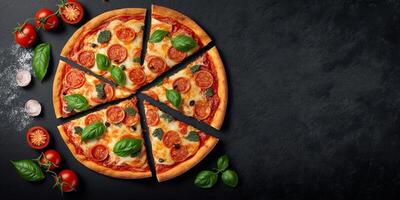 il superiore Visualizza Pizza su il nero tavolo con ingredienti e ai generato. foto