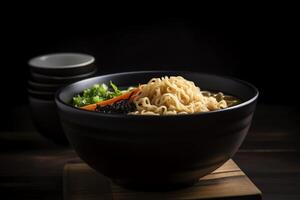 giapponese ramen spaghetto la minestra nel nero ciotola. ai generato foto