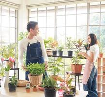 giardiniere giovane asiatico uomo donna famiglia Due persona In piedi sorridente guardare mano Tenere Aiuto decorare il tavolo albero foglia verde nel calma opera negozio casa pianta finestra parete. passatempo lavoro contento e cura concetto foto