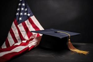 un' la laurea berretto su il americano bandiera foto