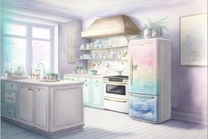 bianca frigorifero congelatore seduta dentro di un' cucina. generativo ai. foto