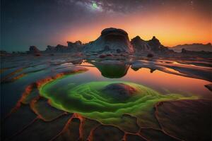 grande corpo di acqua seduta nel il mezzo di un' deserto. generativo ai. foto