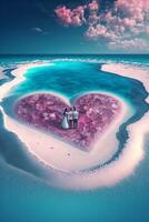 coppia in piedi nel il mezzo di un' cuore sagomato spiaggia. generativo ai. foto