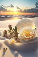 bianca fiore seduta su superiore di un' sabbioso spiaggia. generativo ai foto