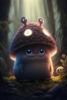 cartone animato personaggio indossare un' fungo cappello nel un' foresta. generativo ai. foto