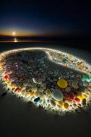 cerchio di ciottoli su un' spiaggia a notte. generativo ai. foto