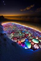 spiaggia a notte con colorato ciottoli nel il sabbia. generativo ai. foto