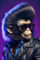 scimmia indossare occhiali da sole e un' pelle giacca. generativo ai. foto