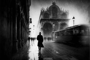 un' nero e bianca foto di un' persona a piedi nel il pioggia. generativo ai.