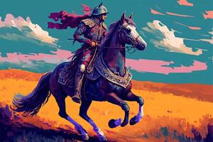 pittura di un' uomo equitazione su il indietro di un' cavallo. generativo ai. foto