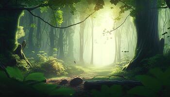 bellissimo raggi di luce del sole nel un' verde foresta, digitale arte illustrazione, generativo ai foto