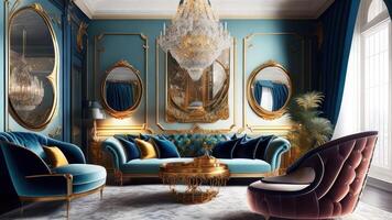 lusso classico interno con blu divano, poltrone e specchio. 3d rendere. ai generato foto