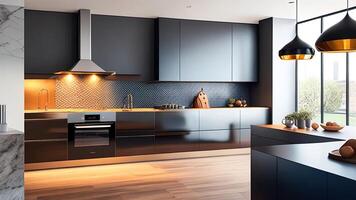 3d rendere di moderno cucina con nero e bianca muri, di legno pavimento, buio di legno controsoffitti e costruito nel Lavello e fornello. ai generato foto