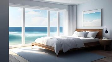 Camera da letto interno con mare Visualizza. ai generato foto