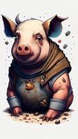 cartone animato illustrazione di un' poco carino maiale nel un' vichingo costume. ai generato foto