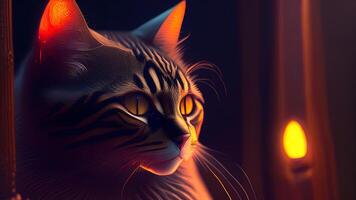 gatto nel il leggero di un' lampada, 3d resa. computer digitale disegno. ai generato foto