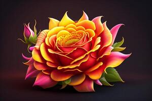 3d illustrazione di rosso e giallo rosa fiori al di sopra di buio blu sfondo. ai generato foto