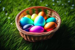 colorato Pasqua uova su verde erba sfondo. contento Pasqua concetto. ai generato foto