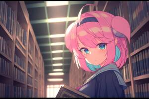 carino rosato capelli anime scolara nel biblioteca, ai generato foto