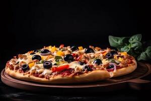 Pizza vegetariano. italiano Pizza con Mozzarella, olive, salsiccia, e verdure su nero sfondo. ai generato foto